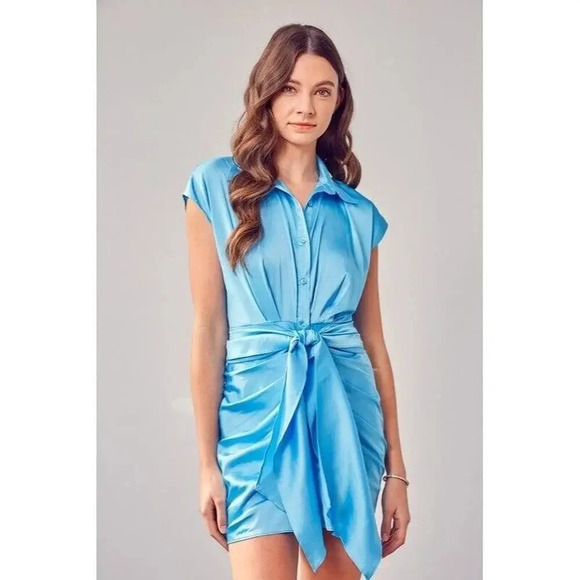 Unbranded Dresses & Skirts - NEW DO + BE Blue satin collar dress tie front ruched mini party size MEDIUM